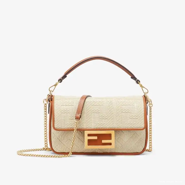 Fendi Baguette Mini Bag Beige FF In Straw Motif 0703